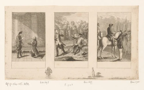 Drie voorstellingen uit de Anekdoten van Frederik de Grote by Daniel Nikolaus Chodowiecki, print, 1793