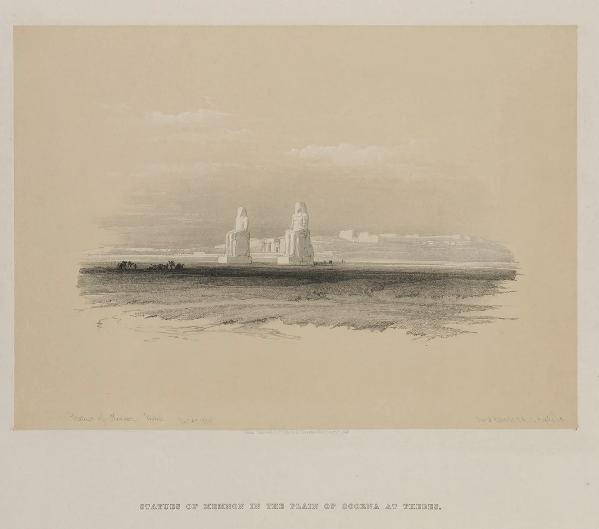 Egypt and Nubia, Volume I: Statues of Memnon, Thebes by Louis Haghe, print, 1846