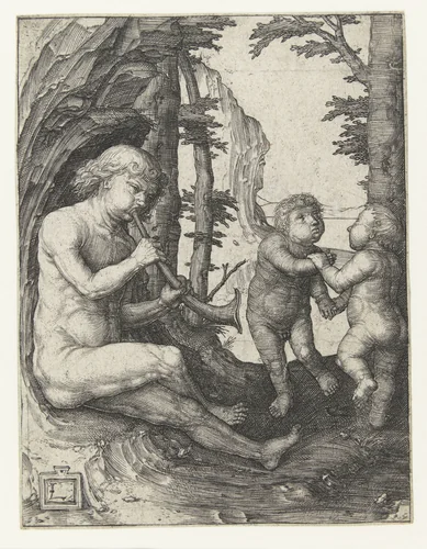 Jongen met blaasinstrument by Unknown, print, 1505-1509