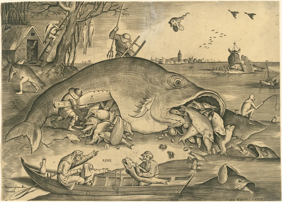 The Big Fish Eat the Little Fish by Pieter van der Heyden
Pieter Bruegel the Elder
Hieronymus Bosch, print, 1557