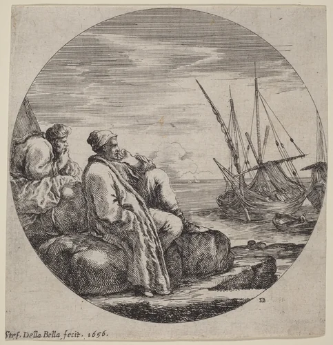 Seaport with Two Turkish Merchants by Stefano della Bella, print, 1656