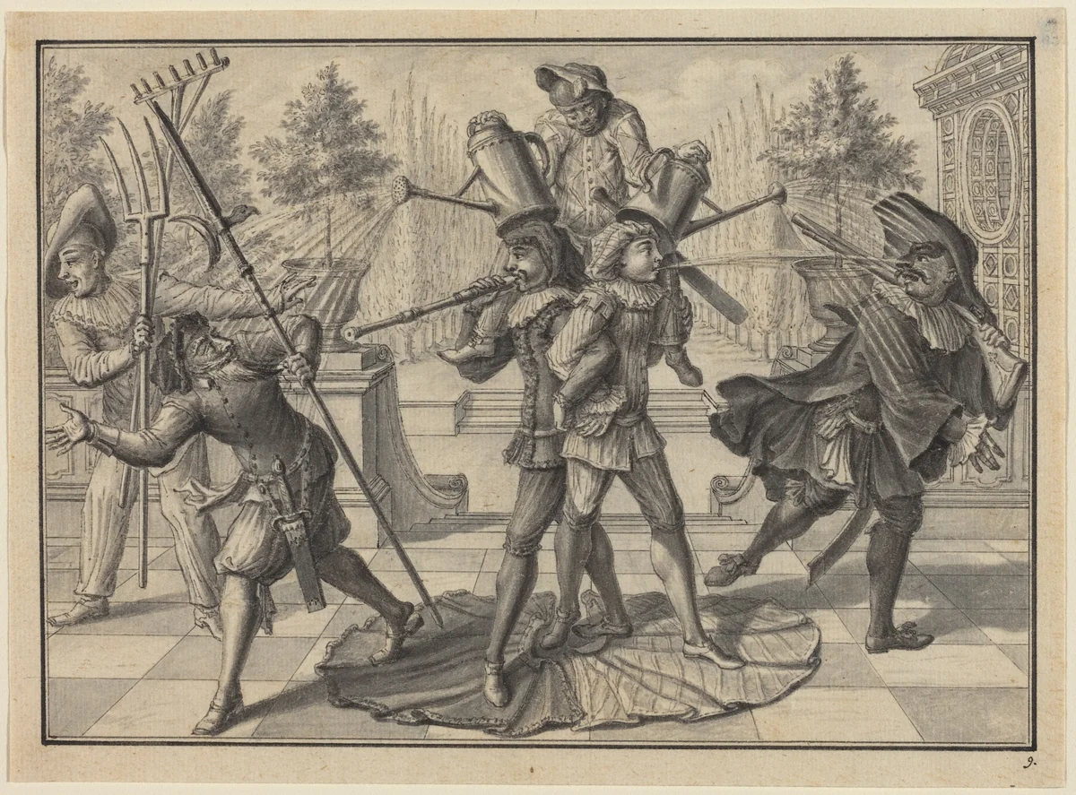 Harlequin and Scaramouche Create a "Fountain" by Johann Jacob Schübler, drawing, 1689-1741