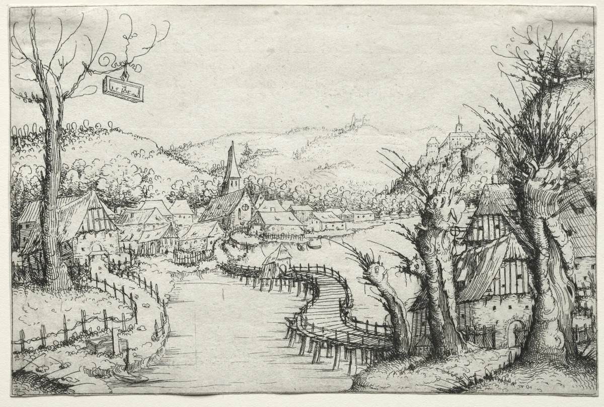 River Landscape with Three Bare Willow Trees at Right and a Long Winding Wooden Bridge at Center Leading to a Village by Augustin Hirschvogel, print, 1546