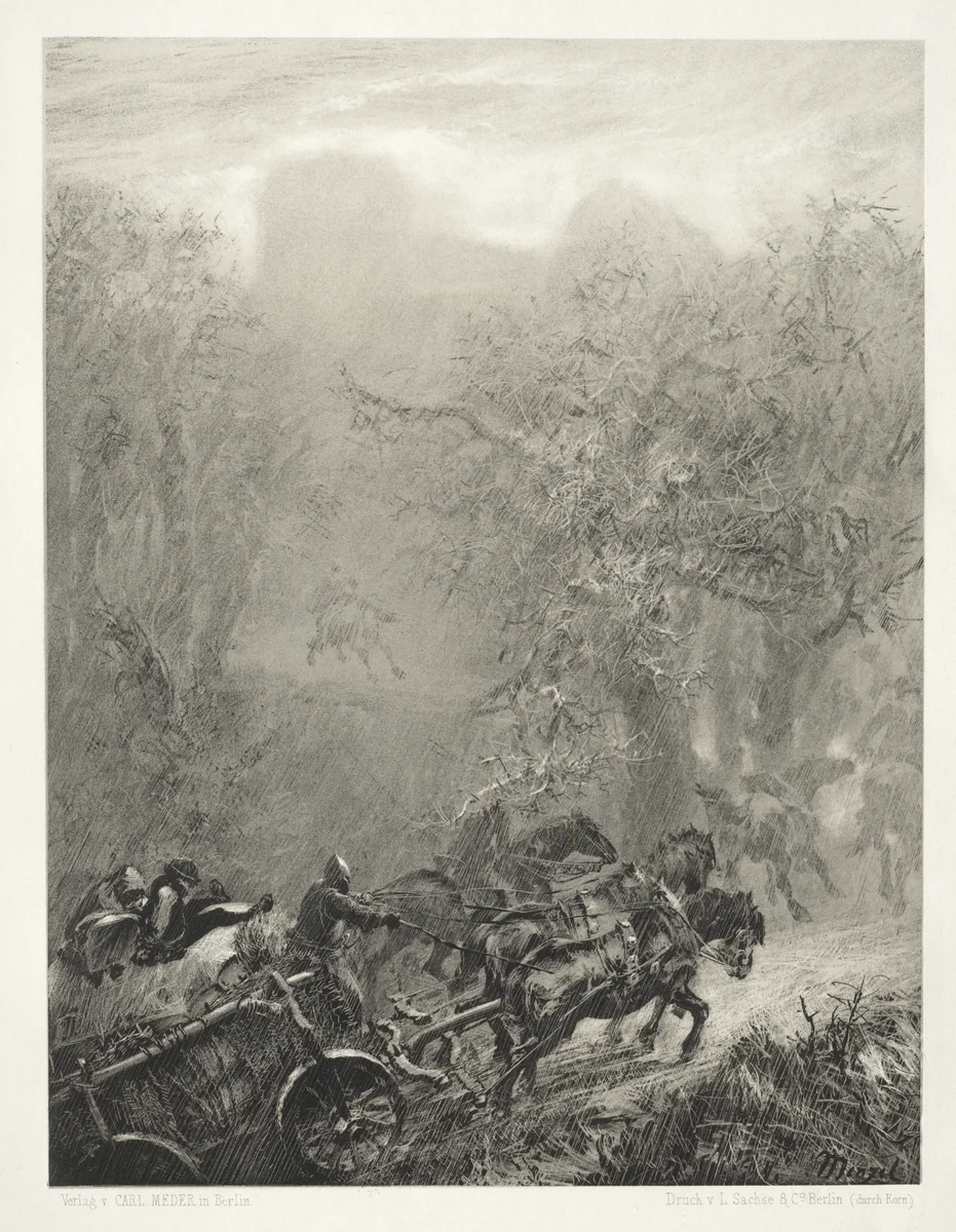 Essay on Stone with Brush and Scraper: The Convoy of Prisoners through a Woods by Adolph von Menzel, print, 1851