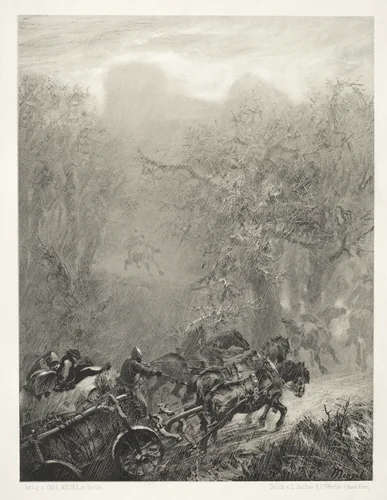 Essay on Stone with Brush and Scraper: The Convoy of Prisoners through a Woods by Adolph von Menzel, print, 1851
