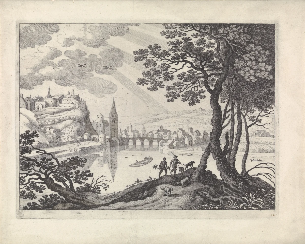 Rivierlandschap met stad en twee jagers by Guilliam van Nieulandt, print, 1594-1635