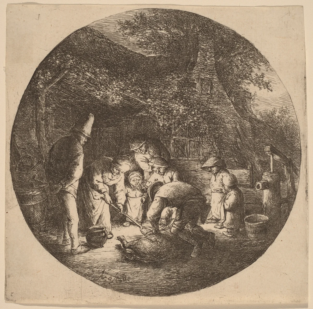 Peasants Outside a Farm Slaughtering a Pig by Adriaen van Ostade, print, 1647-1657