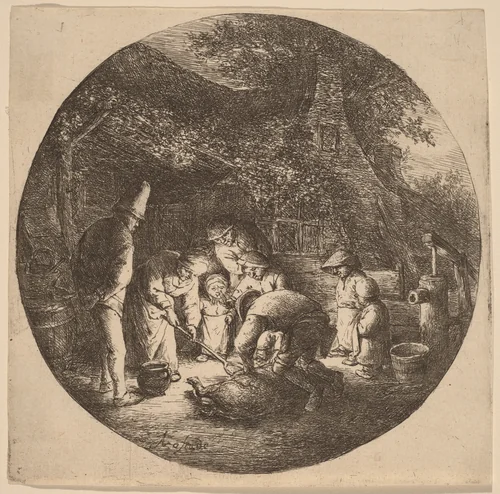 Peasants Outside a Farm Slaughtering a Pig by Adriaen van Ostade, print, 1647-1657