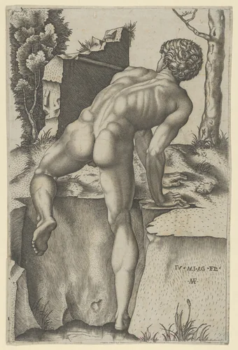 Naked man viewed from behind climbing a river bank, after Michelangelo by Marcantonio Raimondi, print, 1504-1514