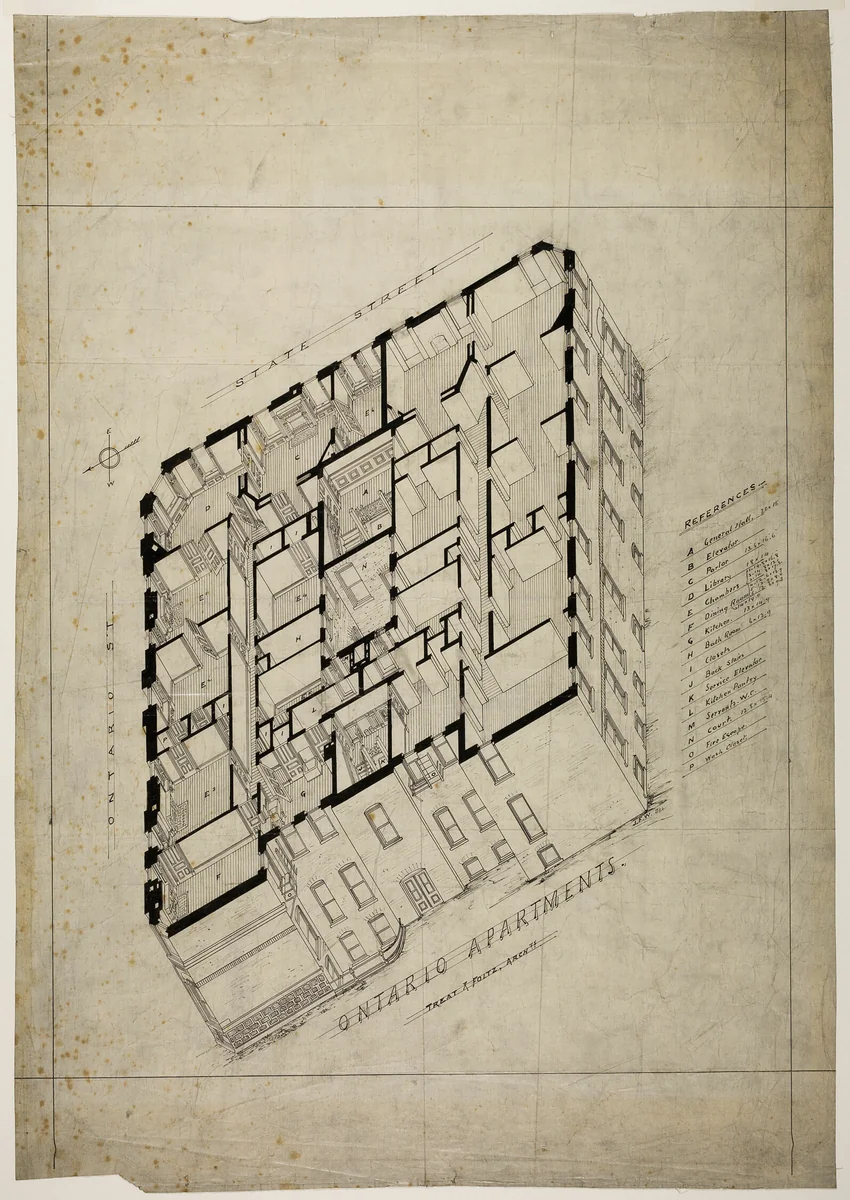 Ontario Apartment Building, Chicago, Illinois, Isometric by Treat and Foltz, drawing, 1875-1886