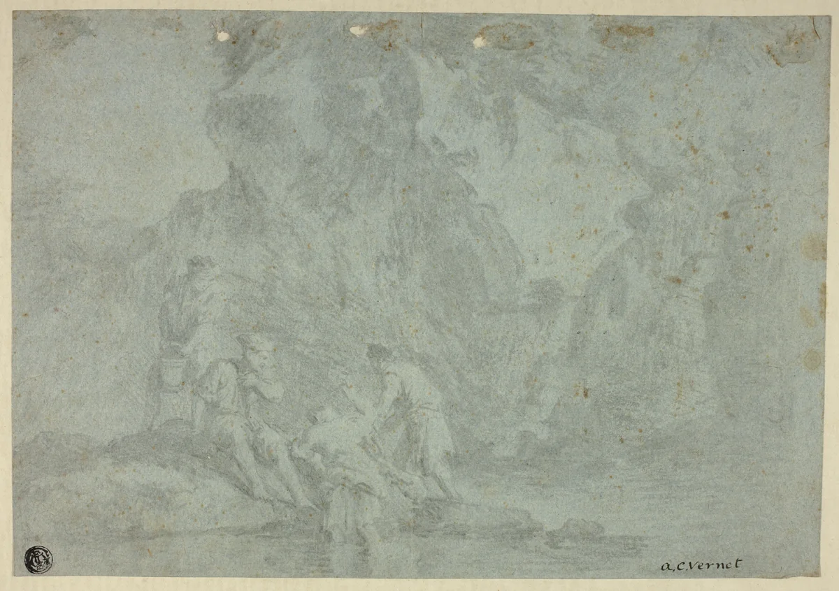 Rocky Landscape with Figures by Gaspard Dughet, drawing, 1635-1675