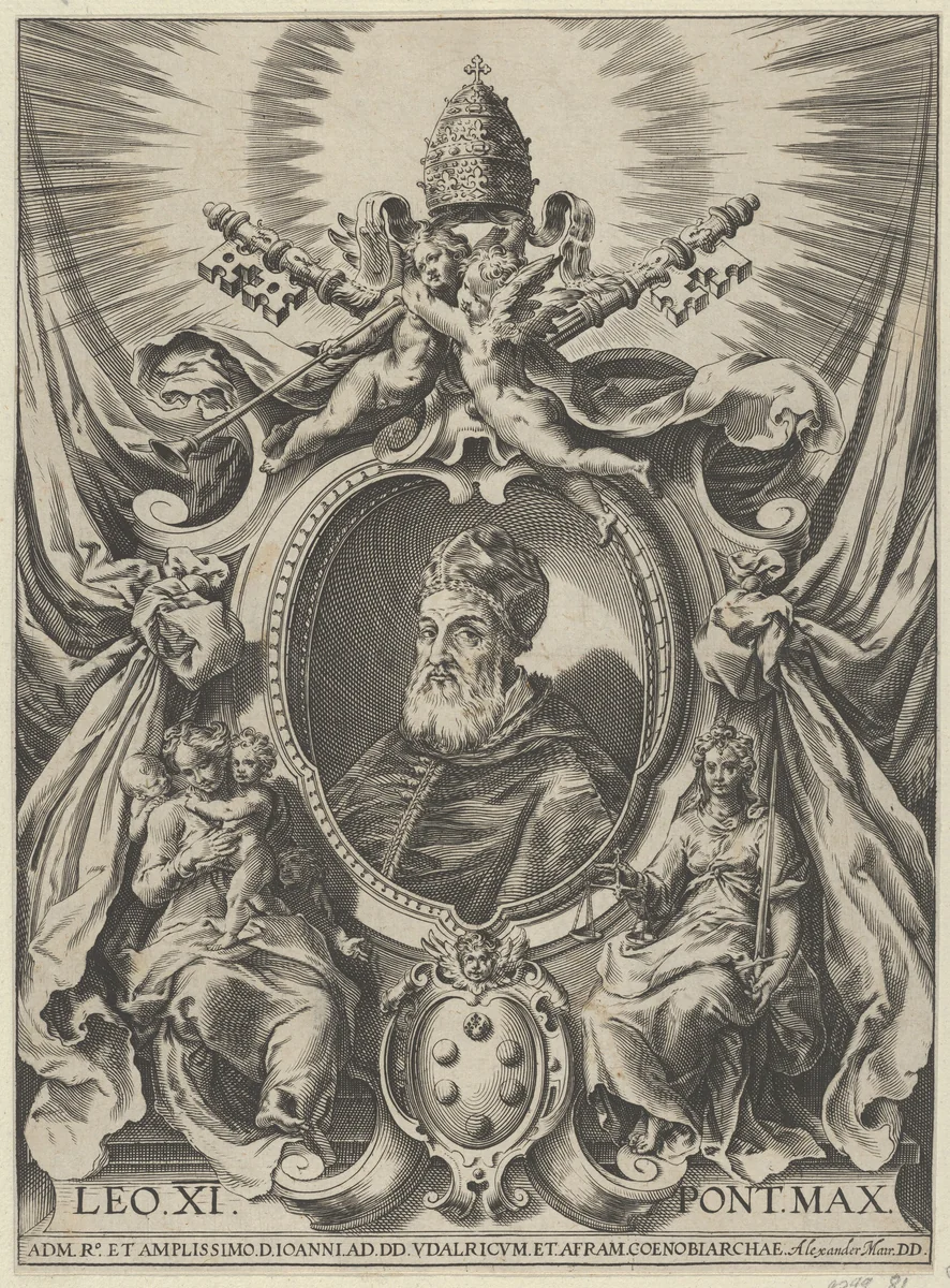Bust portrait of Pope Leo XI set within a cartouche decorated with allegorical figures and objects pertaining to his office by Alexander Mair, print, 1575-1620