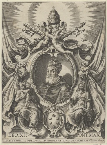 Bust portrait of Pope Leo XI set within a cartouche decorated with allegorical figures and objects pertaining to his office by Alexander Mair, print, 1575-1620