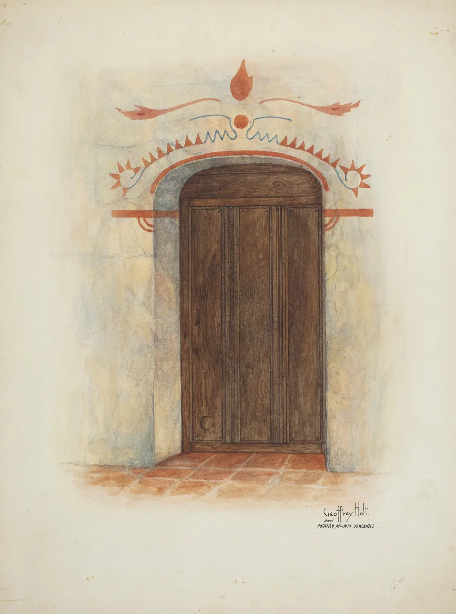 Restoration Drawing Wall Painting and Door, Facade Mission House by Geoffrey Holt Harry Mann Waddell, index of american design, 1937