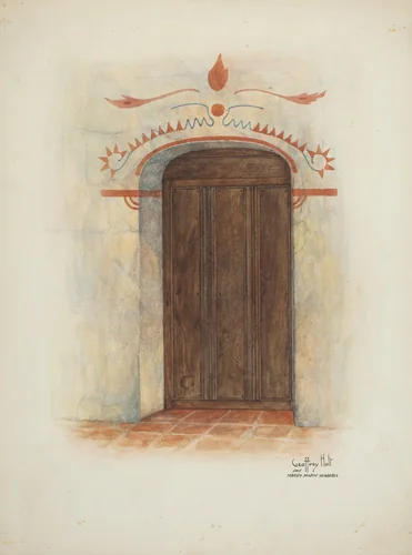 Restoration Drawing Wall Painting and Door, Facade Mission House by Geoffrey Holt Harry Mann Waddell, index of american design, 1937
