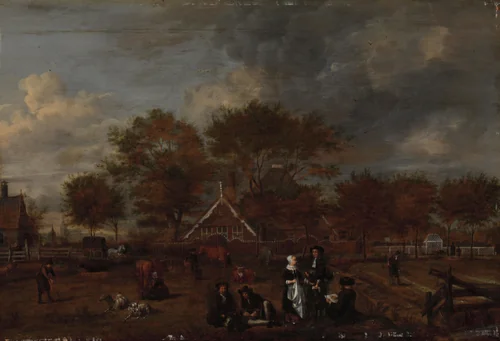 Farmstead with the Gentleman Farmer and his Wife and the Painter in the foreground by Jan Pietersz Opperdoes, painting, 1650-1680