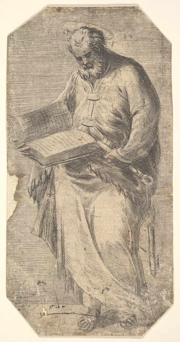 Saint Peter holding a large open book, keys by his side, from "Christ and the Apostles" by Andrea Schiavone, print, 1543-1553