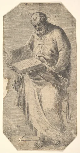 Saint Peter holding a large open book, keys by his side, from "Christ and the Apostles" by Andrea Schiavone, print, 1543-1553