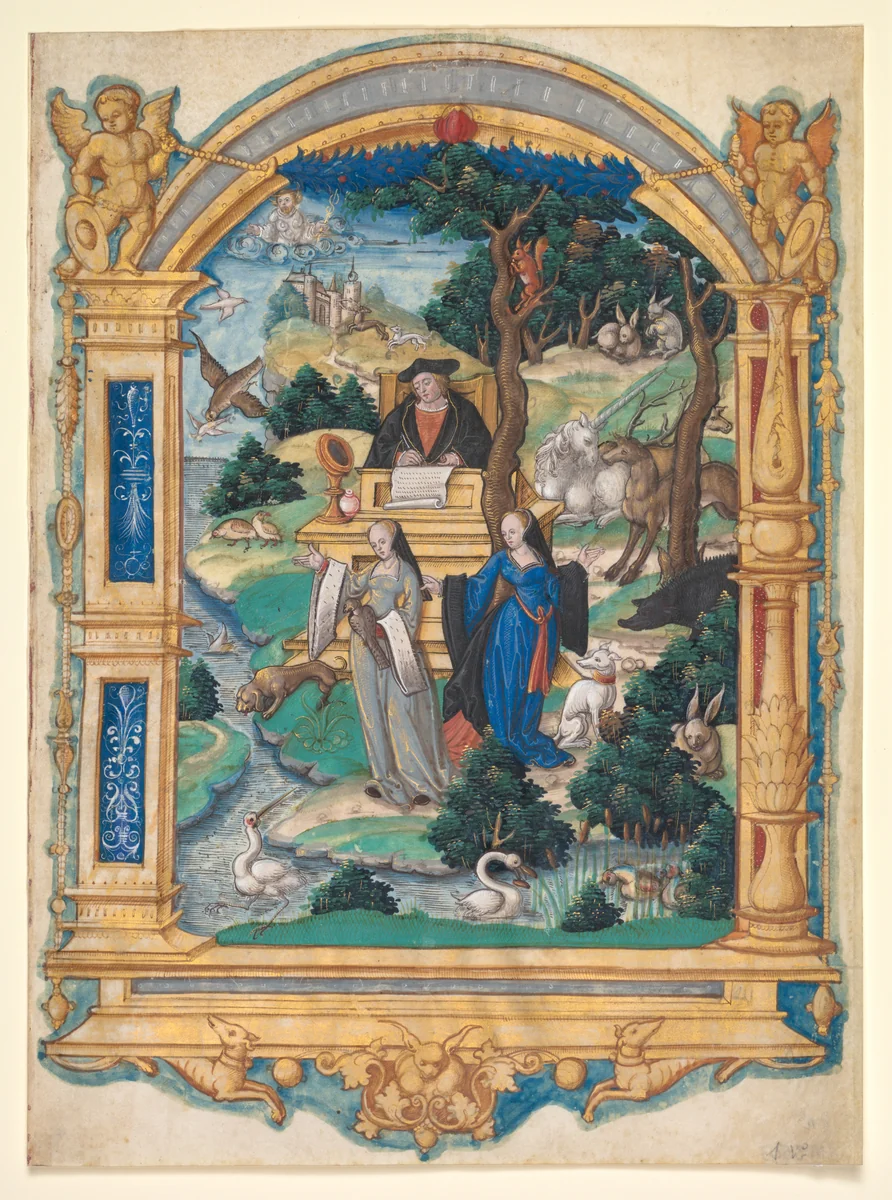 Frontispiece Miniature from the Manuscript of a Poem by Guillaume Crétin: Debate Between Two Women by Master of Francis I, manuscript, 1537-1540