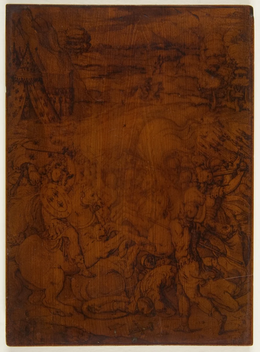 Battle Scene with the Emblems of the Farnese Family by anonymous, drawing, 1500-1599