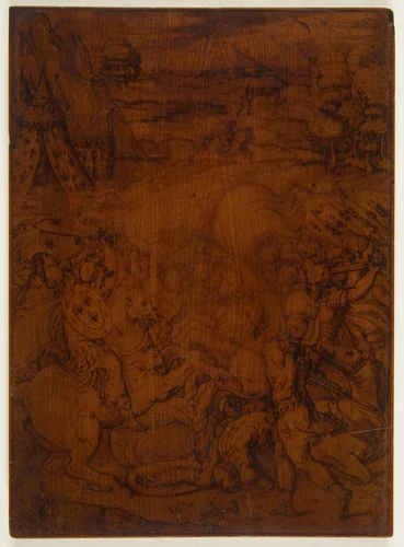 Battle Scene with the Emblems of the Farnese Family by anonymous, drawing, 1500-1599