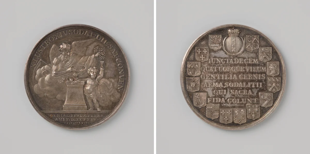 Vijftigjarig bestaan van het Saturdags Geselschap te Amsterdam 1768 by Johan George Holtzhey, metalwork, 1768