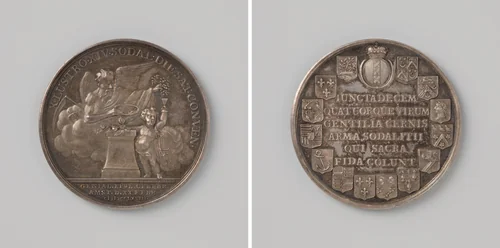 Vijftigjarig bestaan van het Saturdags Geselschap te Amsterdam 1768 by Johan George Holtzhey, metalwork, 1768