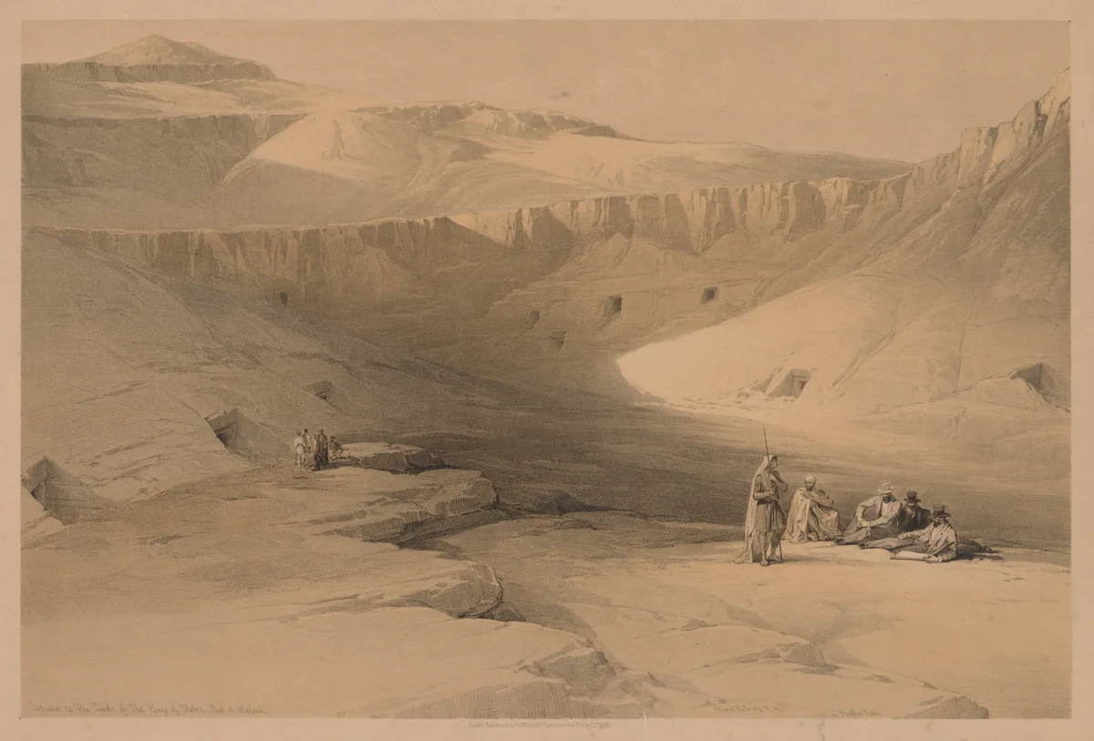 Egypt and Nubia: Volume II - No. 34, Entrance to the Tombs of the Kings of Thebes, Biban-el-molook by Louis Haghe, print, 1838