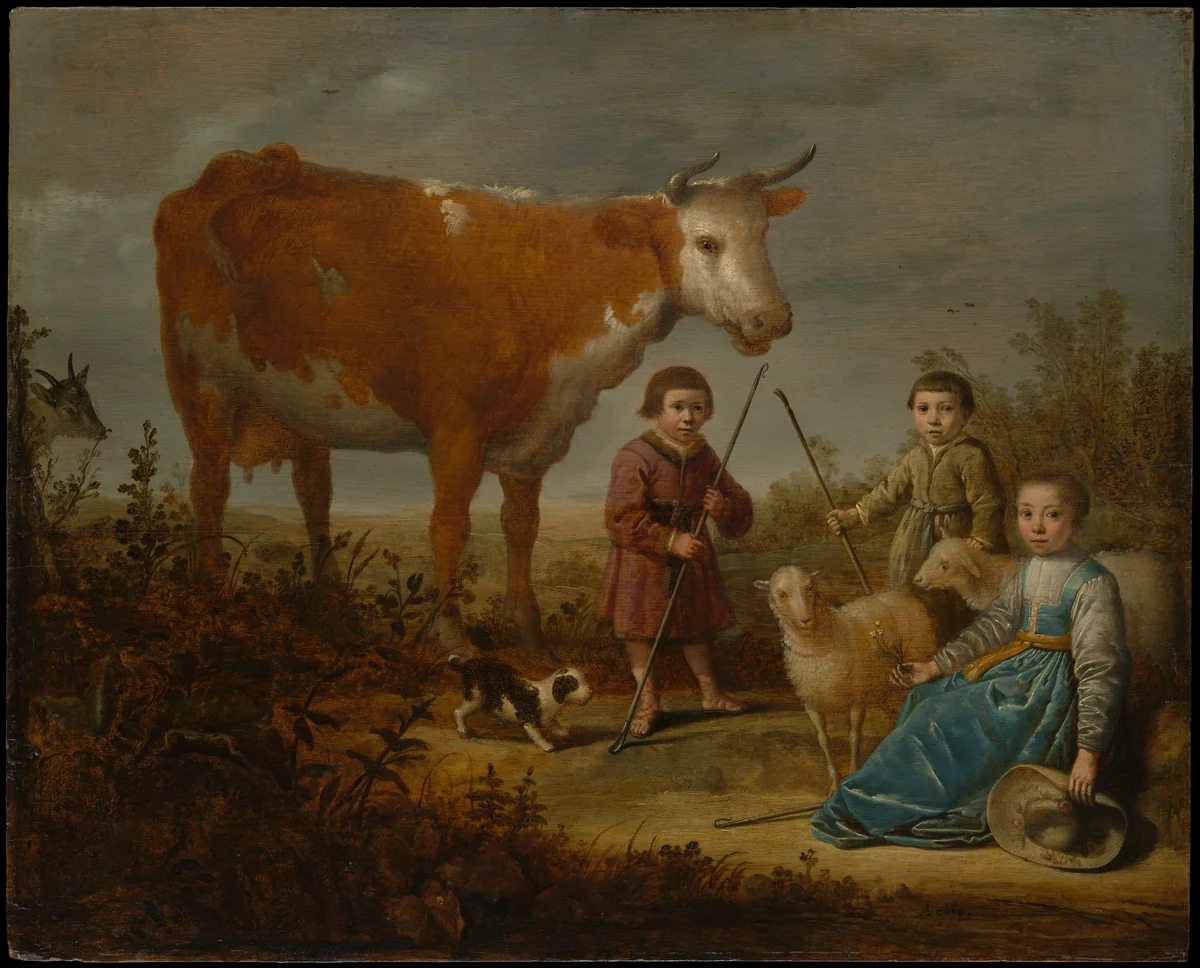 Children and a Cow by Aelbert Cuyp, painting, 1635-1639