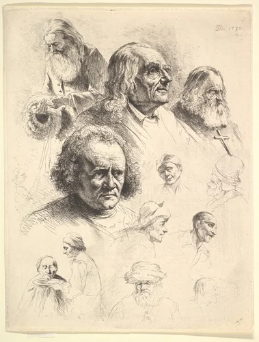 Study of Thirteen Heads by Jean Jacques de Boissieu, print, 1770