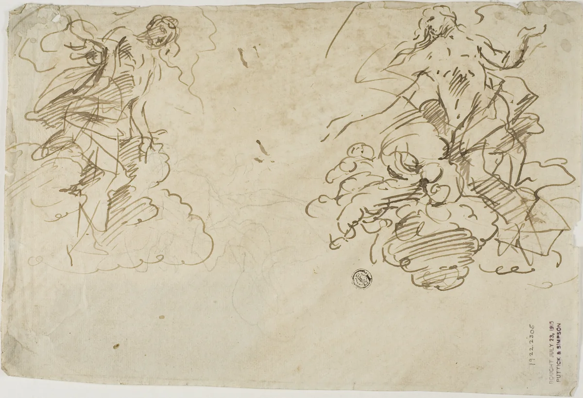 Two Figures in Clouds by Unknown Artist, drawing, 1600-1699