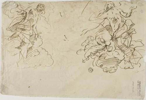 Two Figures in Clouds by Unknown Artist, drawing, 1600-1699