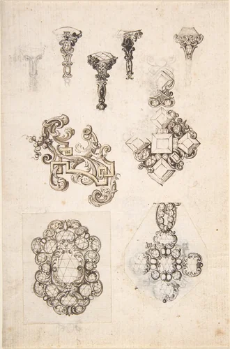 Sheet of Jewelry or Decorative Designs by anonymous, drawing, 1600-1699