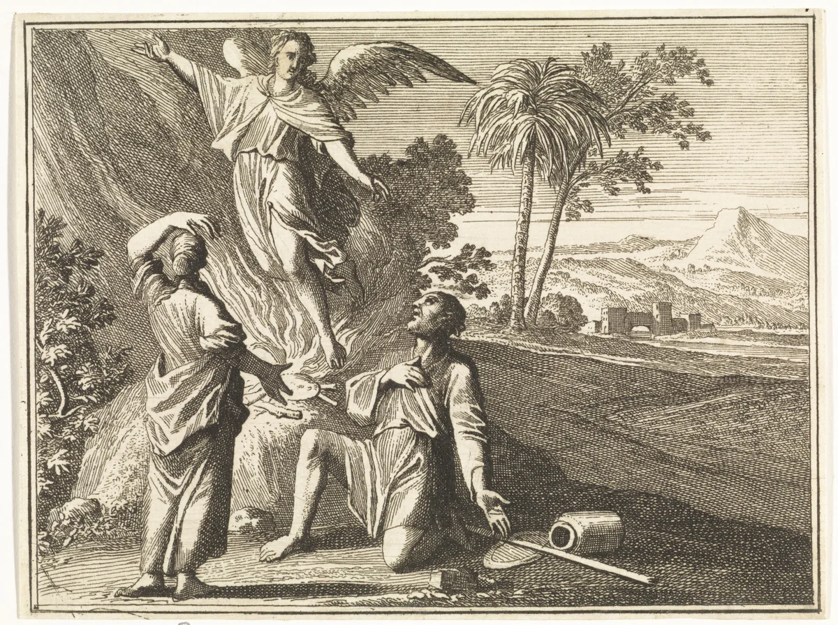 Manoach en zijn vrouw zien de engel in de vlam van hun offer opstijgen by Caspar Luyken, print, 1712