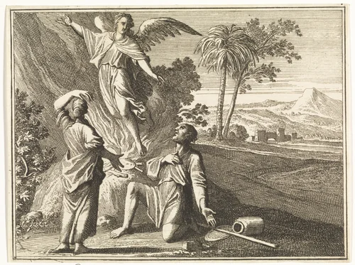 Manoach en zijn vrouw zien de engel in de vlam van hun offer opstijgen by Caspar Luyken, print, 1712