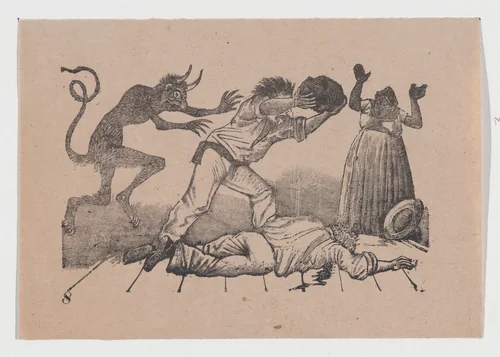Plate 8: a man murdering another with a rock by José Guadalupe Posada, print, 1885-1895