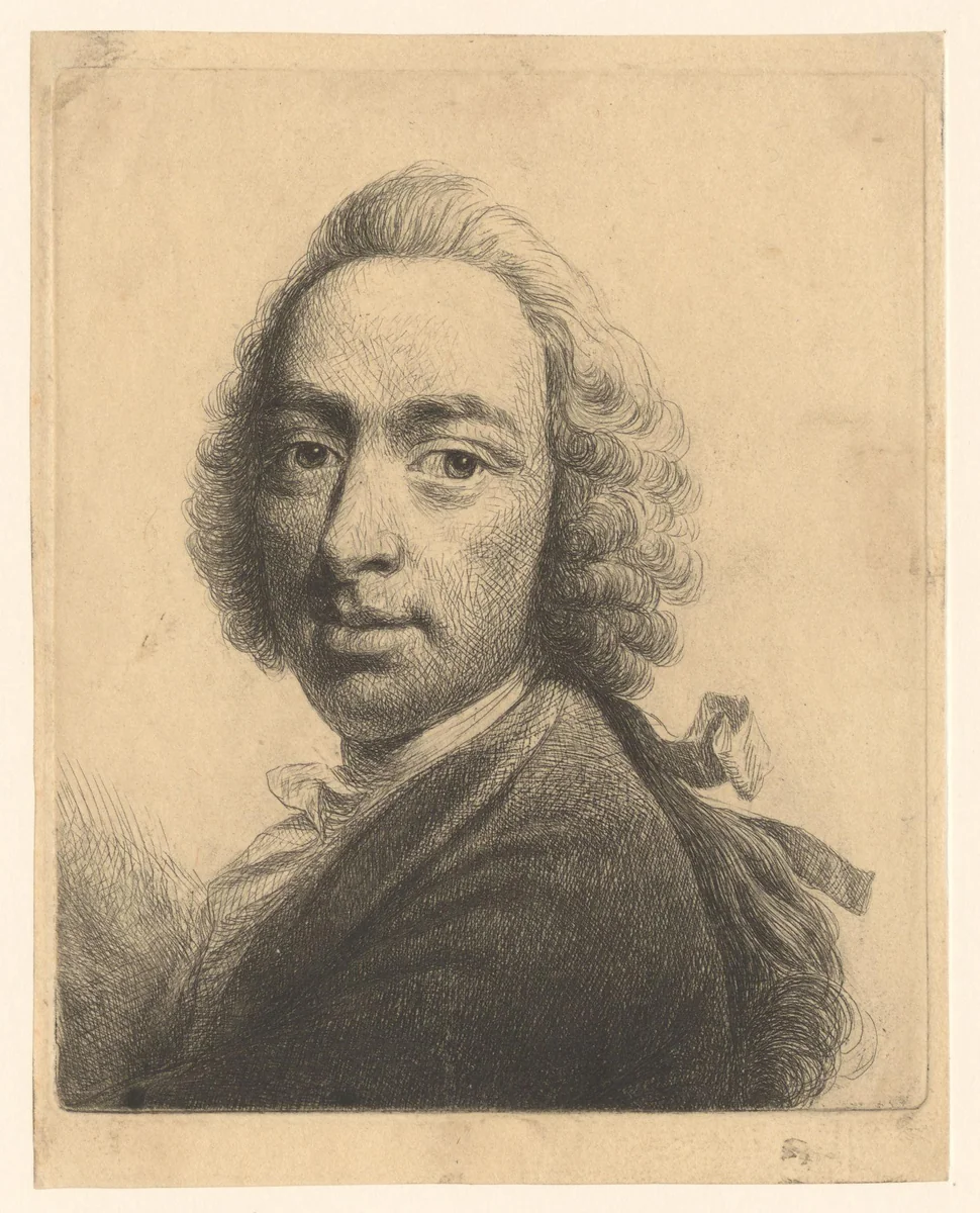 Portret van onbekende man met pruik en strik in het haar by Thomas Worlidge, print, 1710-1766
