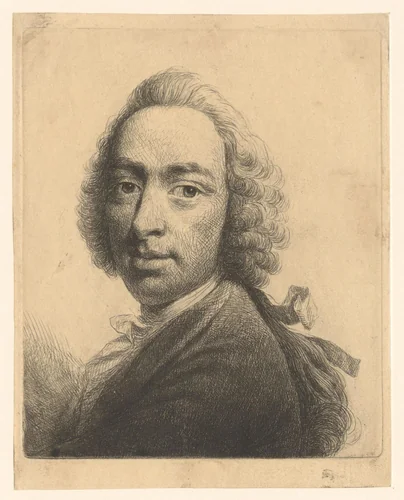 Portret van onbekende man met pruik en strik in het haar by Thomas Worlidge, print, 1710-1766