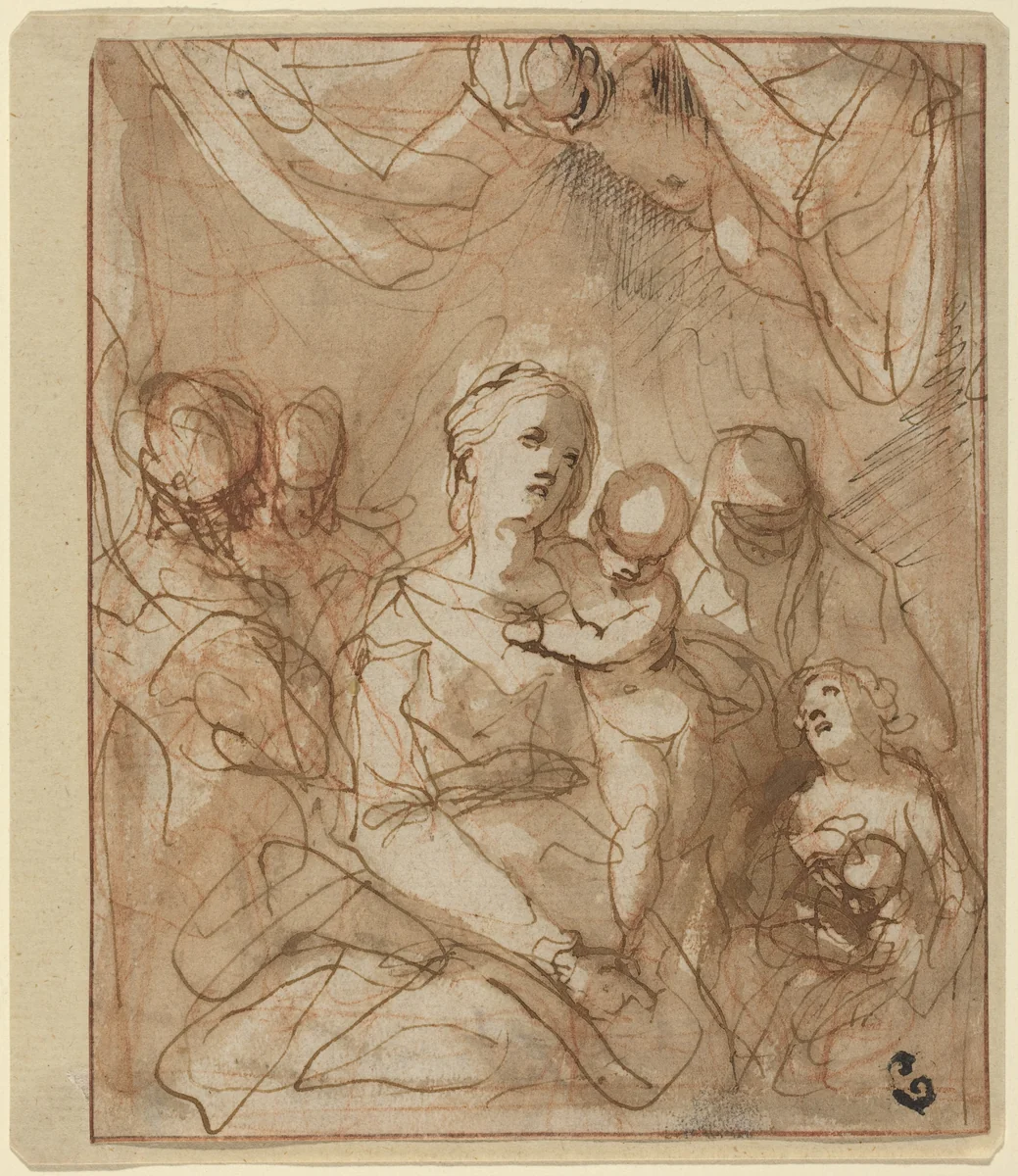 The Virgin and Infant Jesus with Saints by Hans Rottenhammer, drawing, 1595-1605