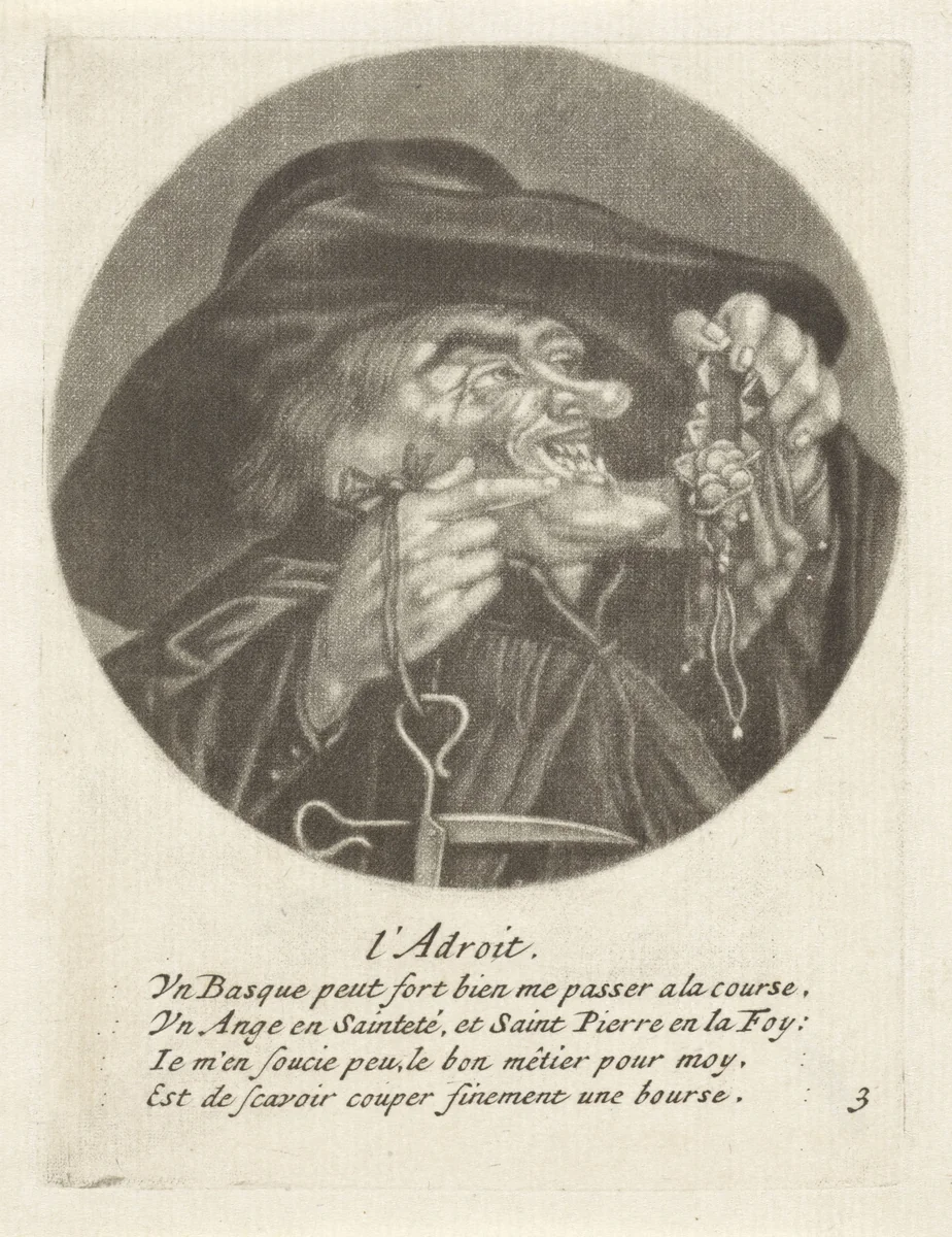 Geestelijke met geldbuidel by Jacob Gole, print, 1670-1724