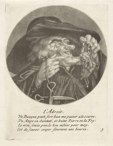 Geestelijke met geldbuidel by Jacob Gole, print, 1670-1724