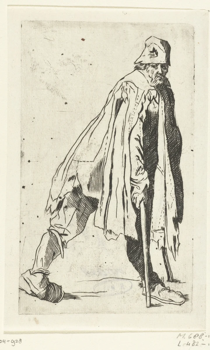 Bedelaar met krukken, op de rechterzijde gezien by anonymous, print, 1622-1670