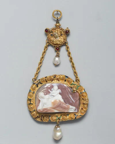 Cameo of Venus and Cupid, Probably a Hat Badge Mounted as a Pendant by Italian, metalwork, 1500-1600