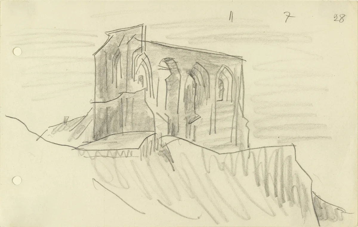 Ruin on the Cliff by Lyonel Feininger, drawing, 1928