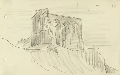 Ruin on the Cliff by Lyonel Feininger, drawing, 1928
