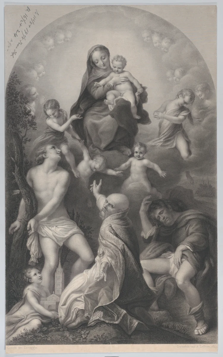 The Madonna of Saint Sebastian, with the Virgin and Child, surrounded by angels, looking down at Saint Sebastian, Saint Germinianus, and Saint Roch by Achille Désiré Lefèvre, print, 1847