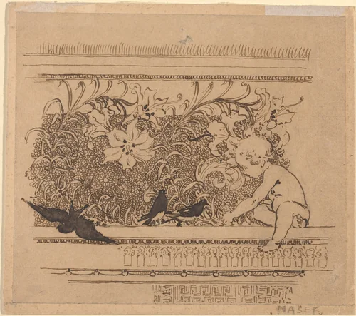 Ornamental Design with Birds and Lily by Karel Vitezslav Masek, drawing, 1890-1910