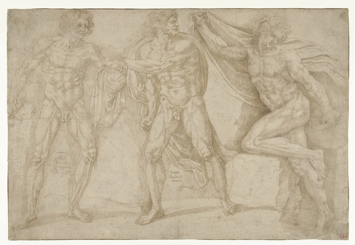 Drie naakte mannen in verschillende houdingen by Lambert Lombard, drawing, 1537-1539