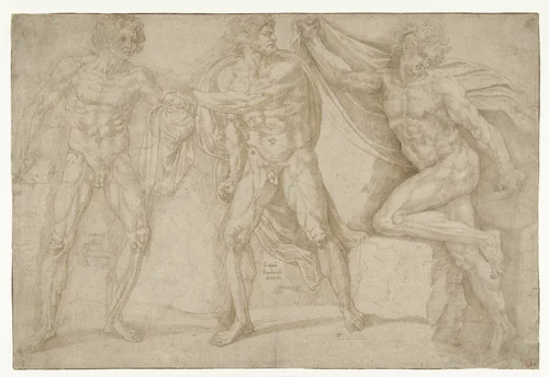 Drie naakte mannen in verschillende houdingen by Lambert Lombard, drawing, 1537-1539
