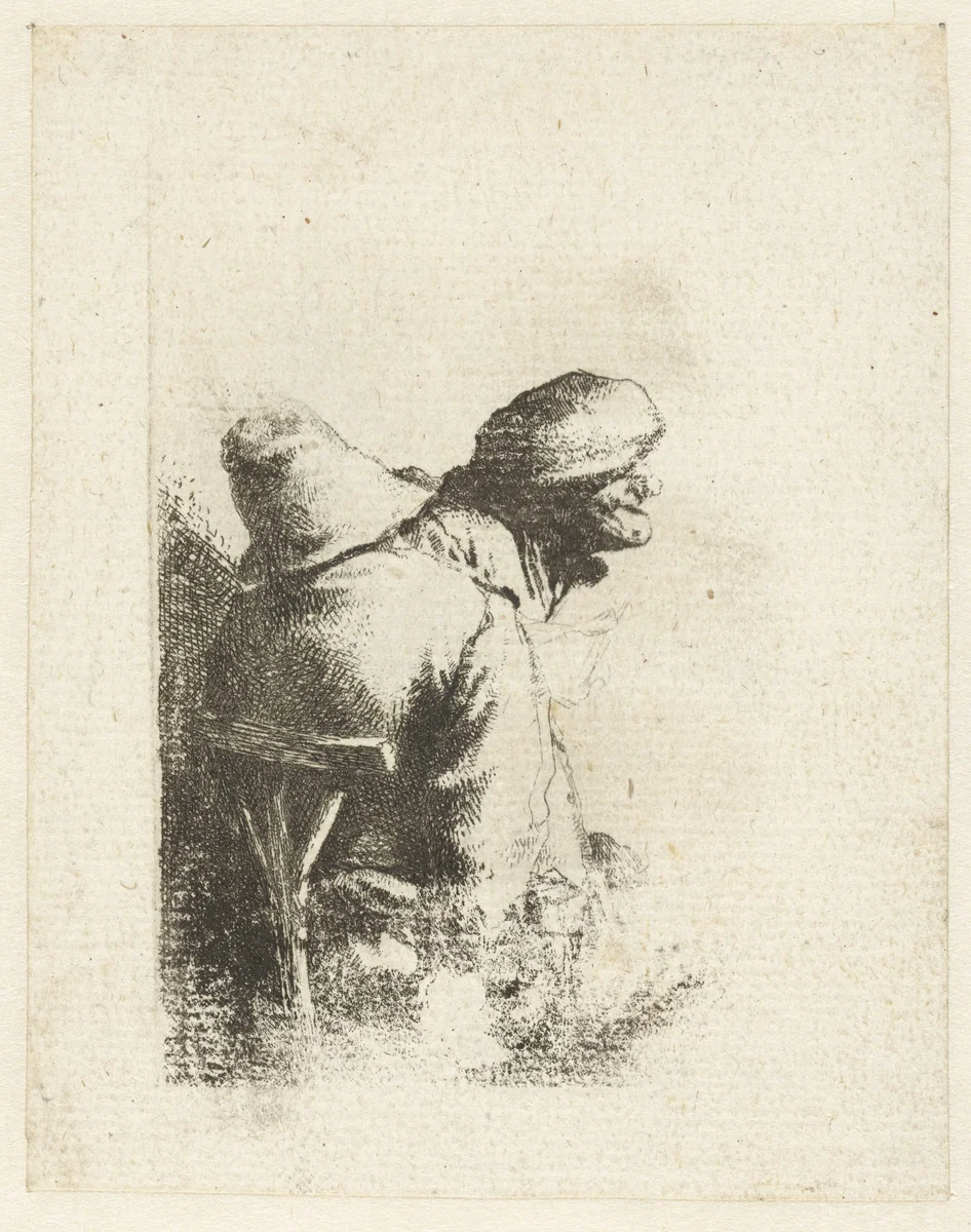 Man zittend op rug gezien, vrouwen- of mannenhoofd met muts by Cornelis Pietersz. Bega, print, 1642-1664